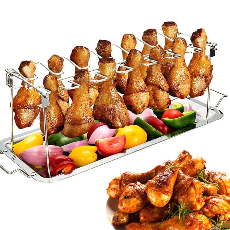 Newly Stainless Steel Chicken Wing Leg Rack Grill Holder with Drip Pan for Cooking BBQ