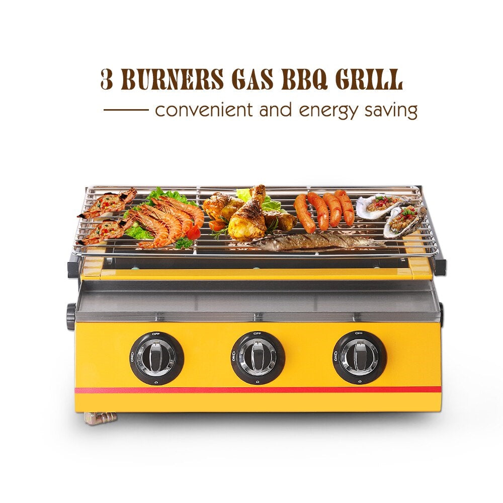 3 burners BBQ Grill, Gas Barbecue Portable Flat Environmental for Outdoor Picnic