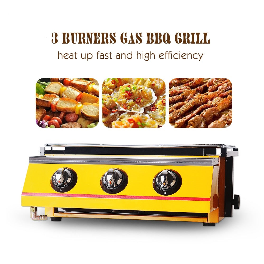 3 burners BBQ Grill, Gas Barbecue Portable Flat Environmental for Outdoor Picnic