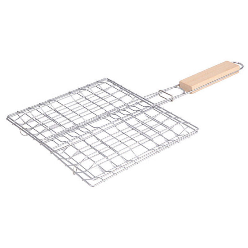 1PCS BBQ Barbecue Grill Grid Grilling Basket Folder Tool Roast Wooden Handle