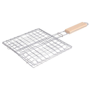 1PCS BBQ Barbecue Grill Grid Grilling Basket Folder Tool Roast Wooden Handle