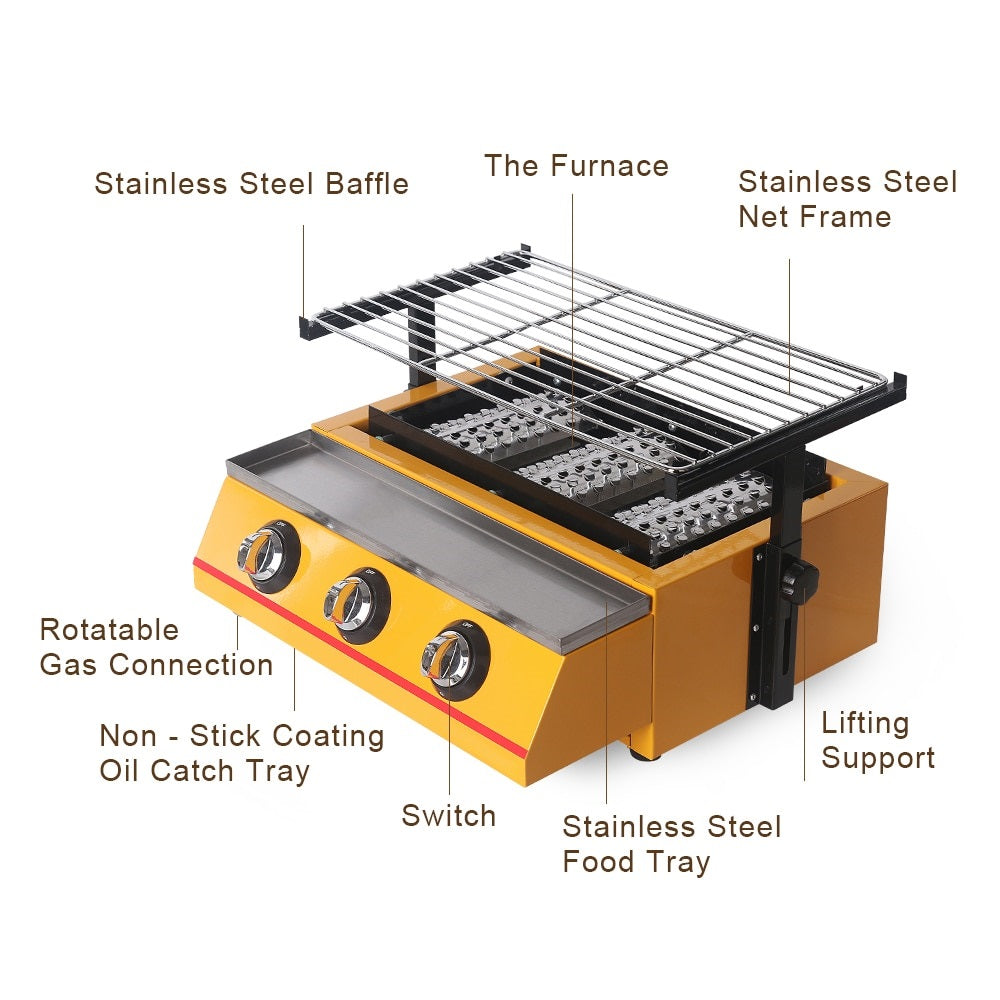 3 burners BBQ Grill, Gas Barbecue Portable Flat Environmental for Outdoor Picnic