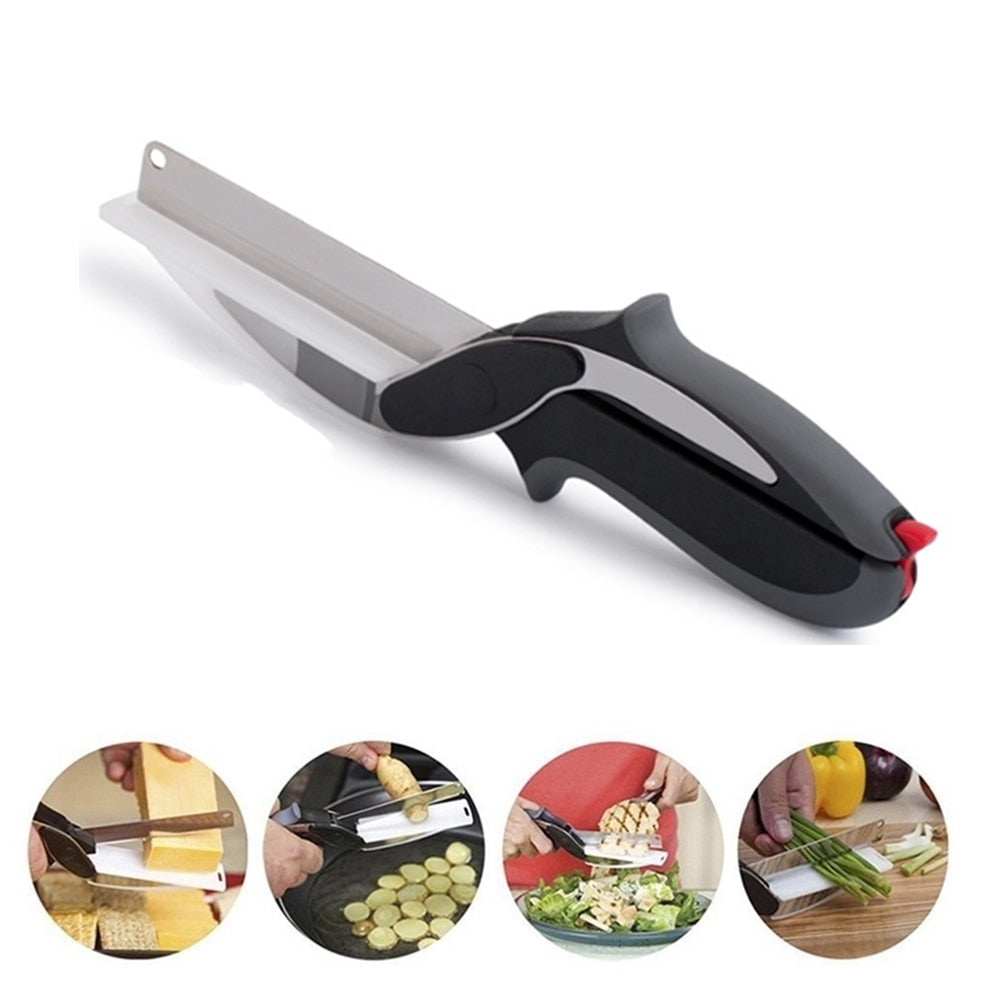 Clever Scissors Cutter Board Stainless Steel Kitchen Knife Salad Cutter Clipper Wedge Vegetable Slicer Dicer BBQ Meat Steak Tool