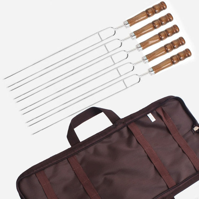 5Pcs/Set BBQ Outdoor Food Grade Stainless Steel Wood Handle Bag Roast Needle Barbecue