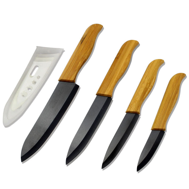 High Sharp Quality Bamboo Handle With Black Blade Ceramic Knife Set 3" 4" 5" 6 " inch + Covers Kitchen Knives
